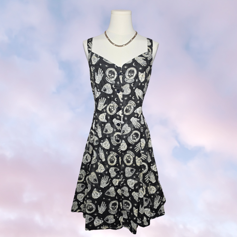 Handmade Black Ouija Board Witchy Vampy Gothic Celestial Summer Spaghetti Dress - Picture 1 of 6